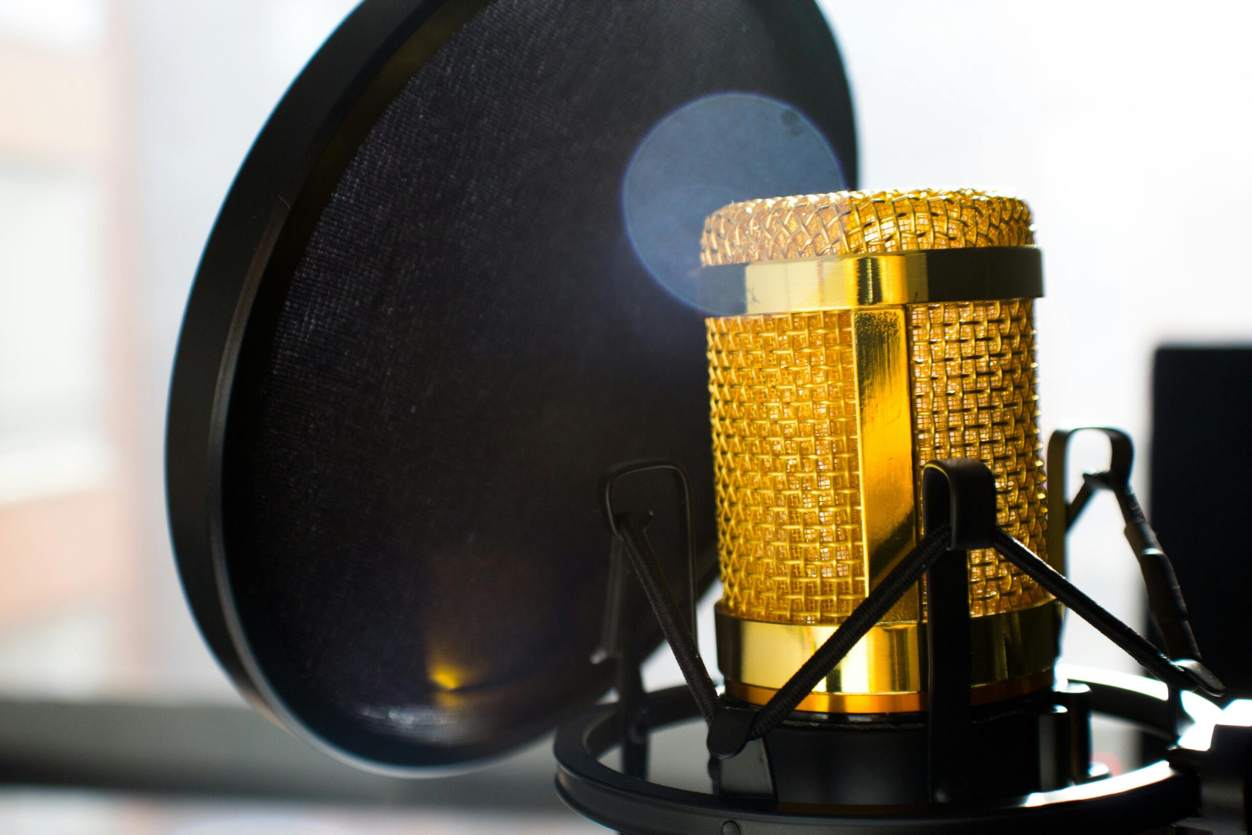 Close-up of a gold studio microphone with pop filter, ideal for recording and broadcasting.